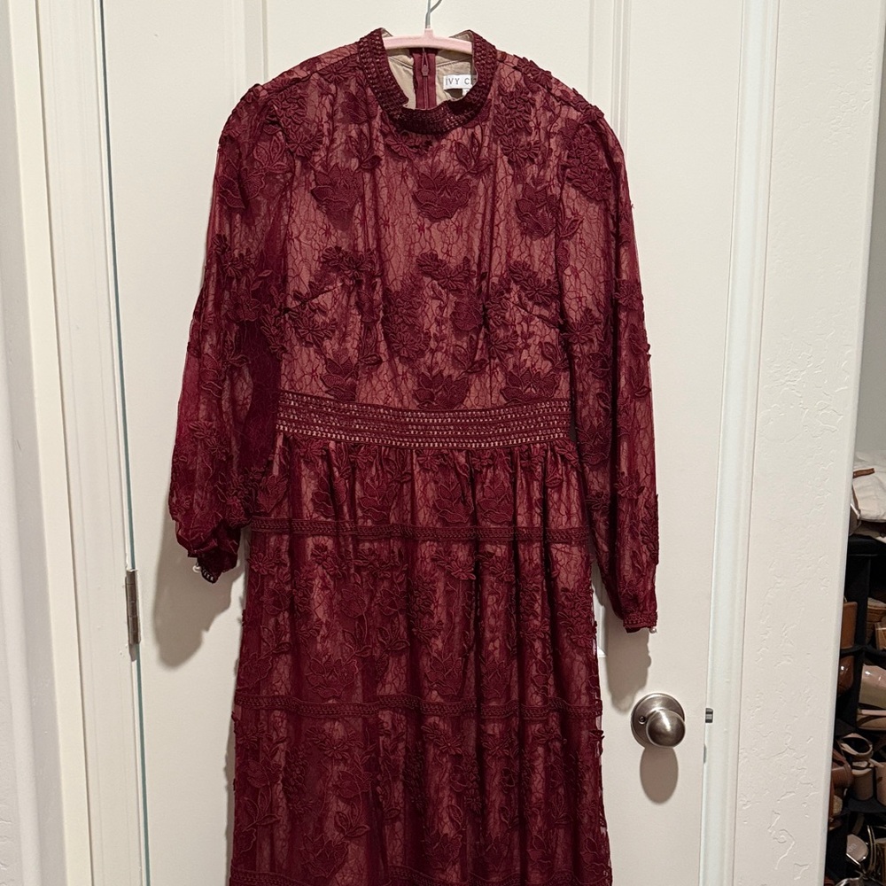 Ivy City Co Burgundy Floral Lace Long Sleeve Dress